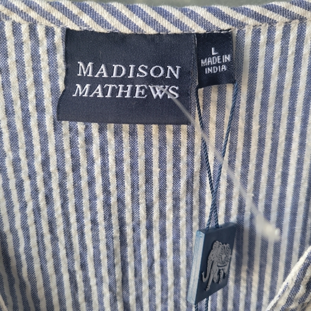 MADISON MATHEWS Blue White Striped Embroidered Tunic L Cotton 3/4 Sleeves NEW - Picture 5 of 12